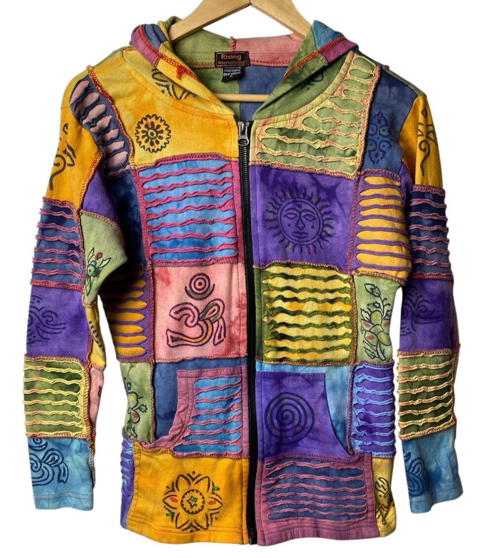 Rising Intl Patchwork Hoodie Jacket Womens M Full Zip Boho Hippie Festival